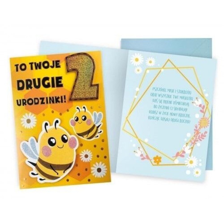 Felicitare Urodziny 2 Pszczolki, Kukartka, 145x195mm, interior colorat, cu plic asortat