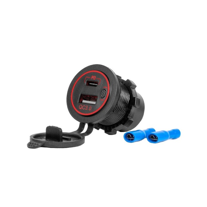 Priza cu 2 USB, tip C si USB QC3.0, cu LED rosu, 12-24V, cu indicator incarcare, impermeabila, 04221 Amio