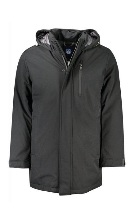 Férfi kabát, 2 külső és 1 központi zsebbel, kapucnival, logóval, North Sails, Fekete