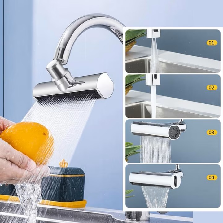 Aerator pentru robinet VarioShop®, 4 moduri de dispersie a apei, rotire 360 grade, filet extermior M22, brat rotativ, 13x12.5cm, Argintiu