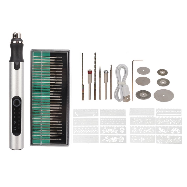 Enforose elektromos gravírozó toll készlet, USB töltés, jelzőfények, vezeték nélküli, ezüst