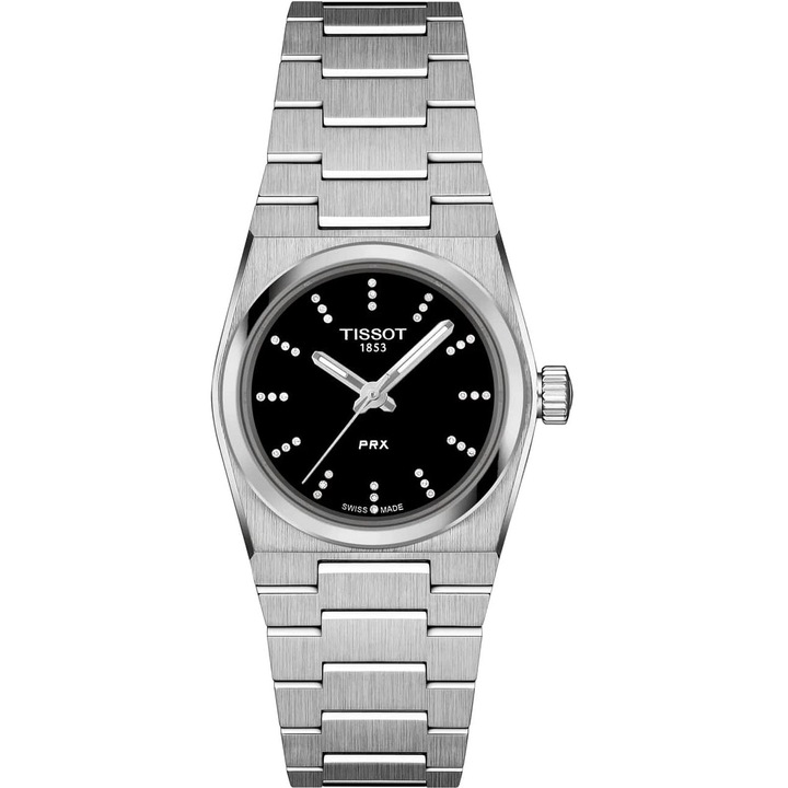 Ceas, Tissot, PRX 25mm, mecanism ETA F03.115, 36 diamante, inox, negru