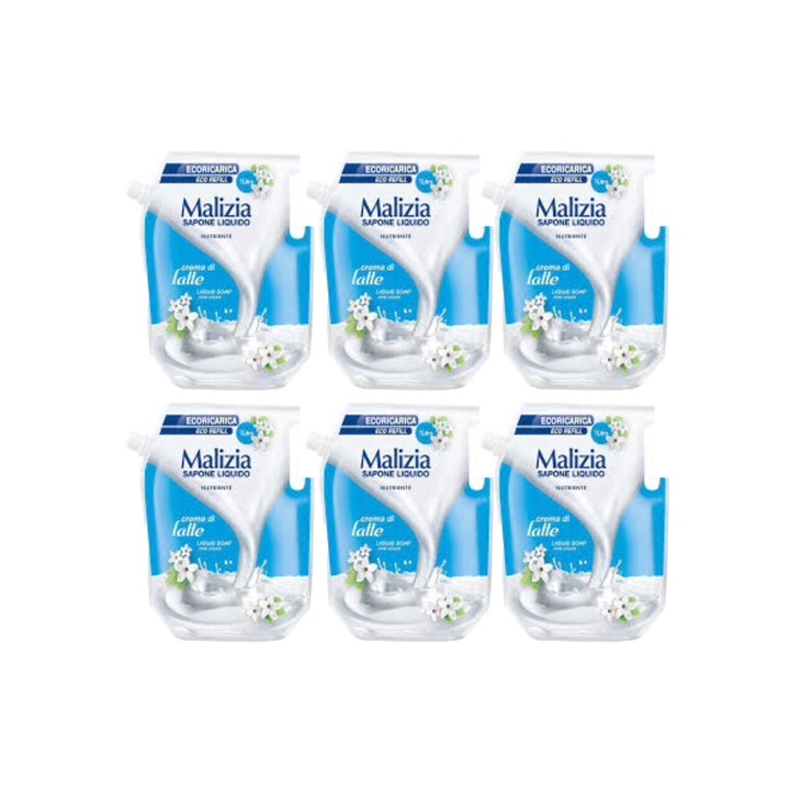 Комплект 6 x Malizia Liquid Soap Reserve 1л мляко, свеж през целия ден, интензивен свеж аромат, против бели петна, ободряващ, дълготрайна свежест, 48 часа защита
