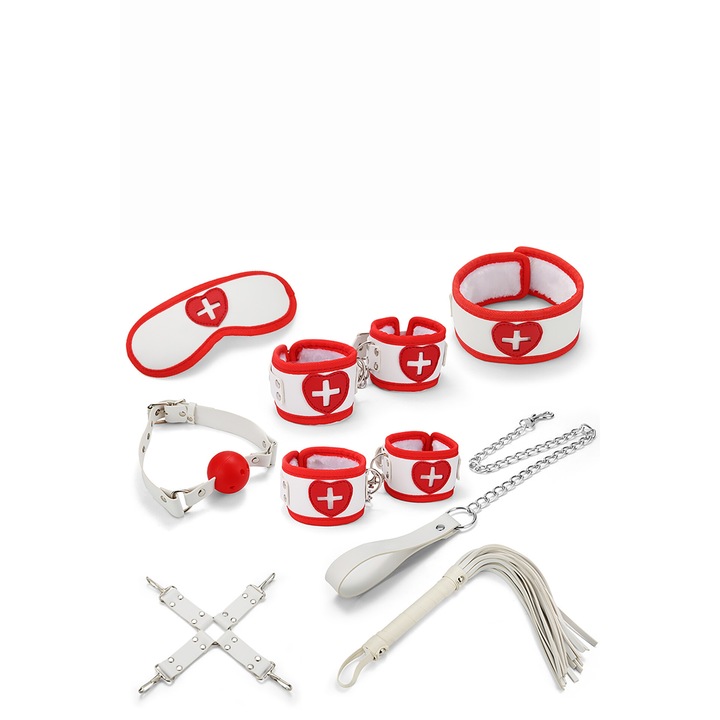 Set accesorii BDSM Attraction, 8 piese, alb/rosu