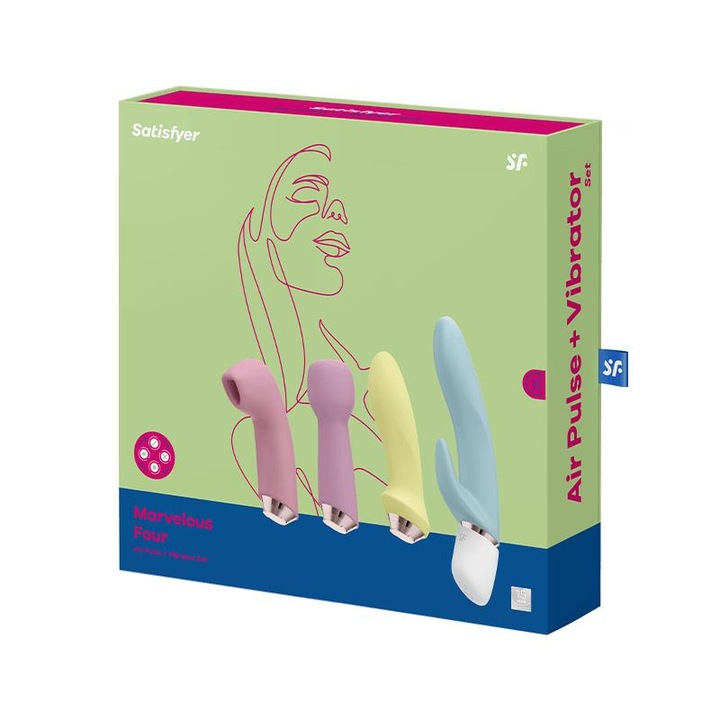 Комплект вибратор Satisfyer, 4 часи, 12 функции за вибрация, 11 функции за засмукване, Мек силикон, Цветен
