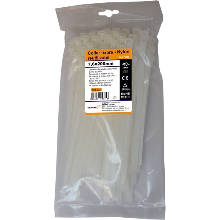 Colier de plastic reutilizabil Temad, 7.6x200 mm
