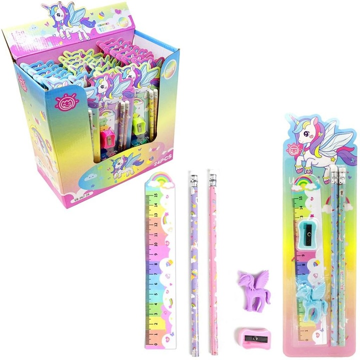 Set articole scolare Trifox, tema unicorn, 4 piese, 260x80mm