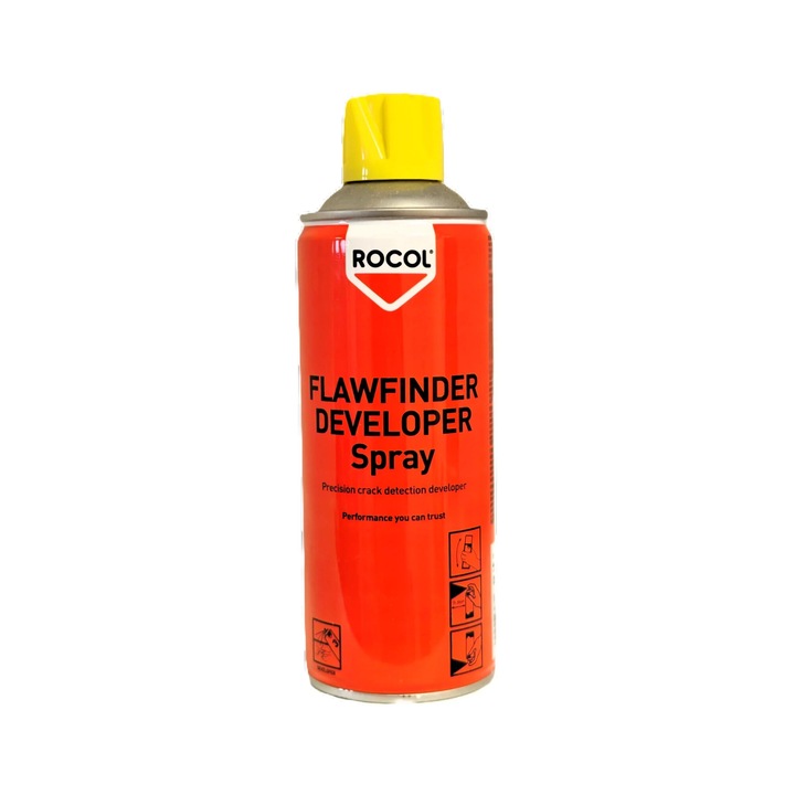 Spray ROCOL FLAWFINDER DEVELOPER 400ml pentru detectarea fisurilor, pulbere alba, utilizare pe metale, sticla, ceramica