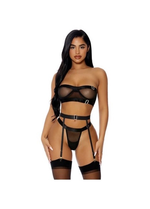 ForPlay szexi fehérnemű szett, pánt nélküli melltartó, csipke, fekete, XL-es méret