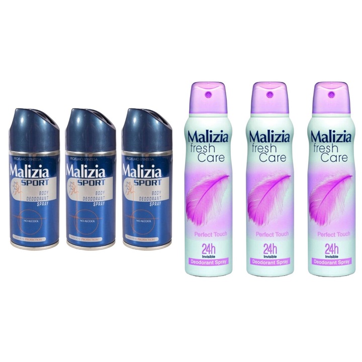 Set 6 x Malizia Variety, 3 x Deodorant 150ml Men Sport Protection, 3 x Deodorant Fresh Care 150ml Perfect Touch, All Day Fresh, Parfum Placut, Previne Iritatiile, Intense Fresh Fragrance, Anti-urme albe, revirgorant, prospetime de durata, protectie 48h
