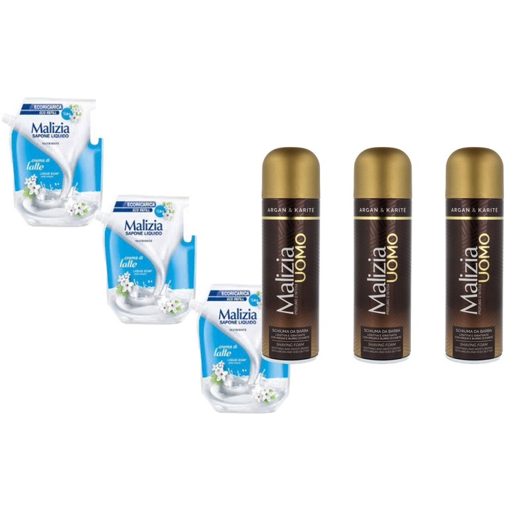 Комплект 6 x Malizia Variety, 3 x резервен течен сапун 1l мляко, 3 x бръсната пяна 300 ml арган, свеж през целия ден, приятен парфюм, предотвратява раздразненията, интензивен свеж аромат, против бели петна, ободряващ, дълготрайна свежест, 48 часа защита