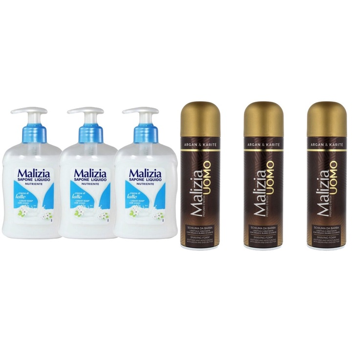 Комплект 6 x Malizia Variety, 3 x Течен сапун 300 ml Latte, 3 x Shaved Foam 300 ml Argan, Свеж през целия ден, Приятен парфюм, Предотвратява раздразнения, Интензивен свеж аромат, Анти-бели петна, ободряващ, дълготрайна свежест, 48 часа защита