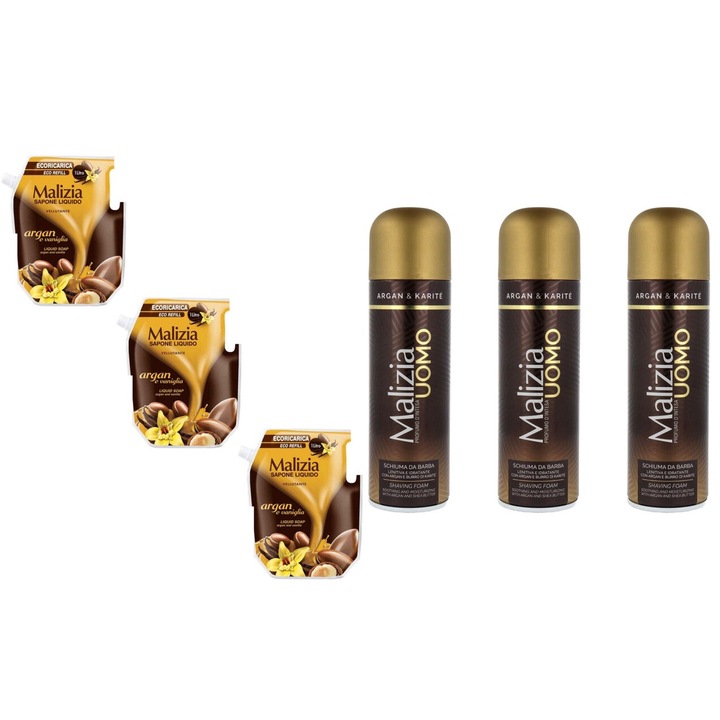 Комплект 6 x Malizia Variety, 3 x Резервен течен сапун 1l Argan, 3 x Shaped Foam 300ml Argan, Свеж през целия ден, Приятен парфюм, Предотвратява раздразненията, Интензивен свеж аромат, Анти-бели петна, ободряващ, дълготрайна свежест, 48 часа защита
