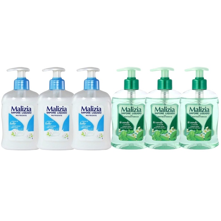Комплект 6 x Malizia Variety, 3 x течен сапун 300 ml лате, 3 x течен сапун 300 ml зелен чай, свеж през целия ден, приятен парфюм, предотвратява раздразненията, интензивен свеж аромат, против бели петна, ободряващ, дълготрайна свежест, 48 часа защита