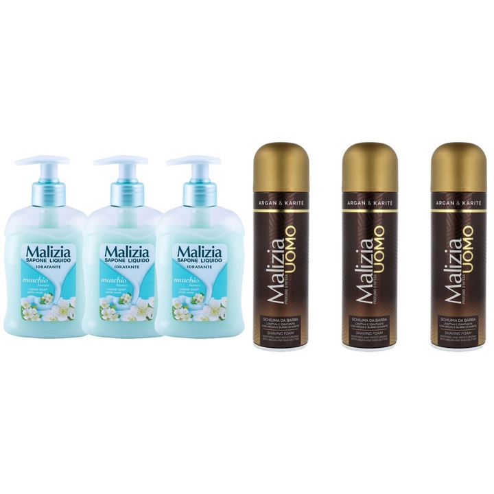 Комплект 6 x Malizia Variety, 3 x Течен сапун 300 ml Muschio Bianco, 3 x Shaved Foam 300 ml Argan, Свеж през целия ден, Приятен парфюм, Предотвратява раздразненията, Интензивен свеж аромат, Анти-бели петна, ободряващ, дълготрайна свежест, 48 часа защита