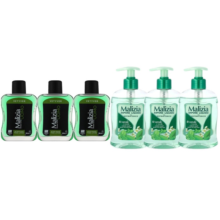 Комплект 6 x Malizia Variety, 3 x След бръснене 100 ml Vetyver, 3 x Течен сапун 300 ml Green Tea, Свеж през целия ден, Приятен парфюм, Предотвратява раздразненията, Интензивен свеж аромат, Анти-бели петна, ободряващ, дълготрайна свежест, 48 часа защита