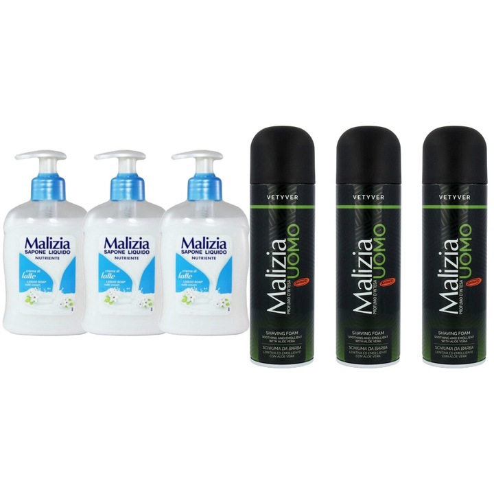 Комплект 6 x Malizia Variety, 3 x Течен сапун 300 ml Latte, 3 x Shaved Foam 300 ml Vetyver, свеж през целия ден, приятен парфюм, предотвратява раздразненията, интензивен свеж аромат, против бели петна, ободряващ, дълготрайна свежест, 48 часа защита