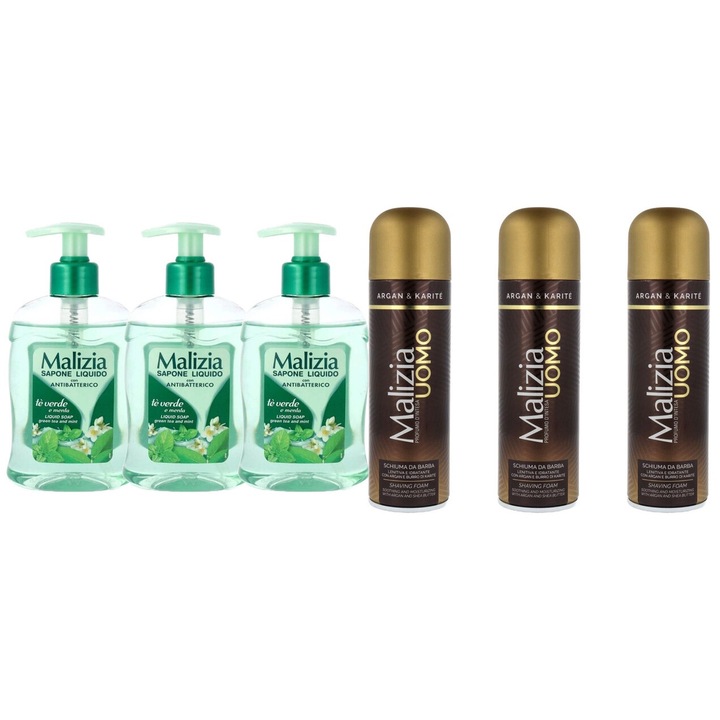 Комплект 6 x Malizia Variety, 3 x течен сапун 300 ml зелен чай, 3 x бръсната пяна 300 ml арган, свеж през целия ден, приятен парфюм, предотвратява раздразненията, интензивен свеж аромат, против бели петна, ободряващ, дълготрайна свежест, 48 часа защита