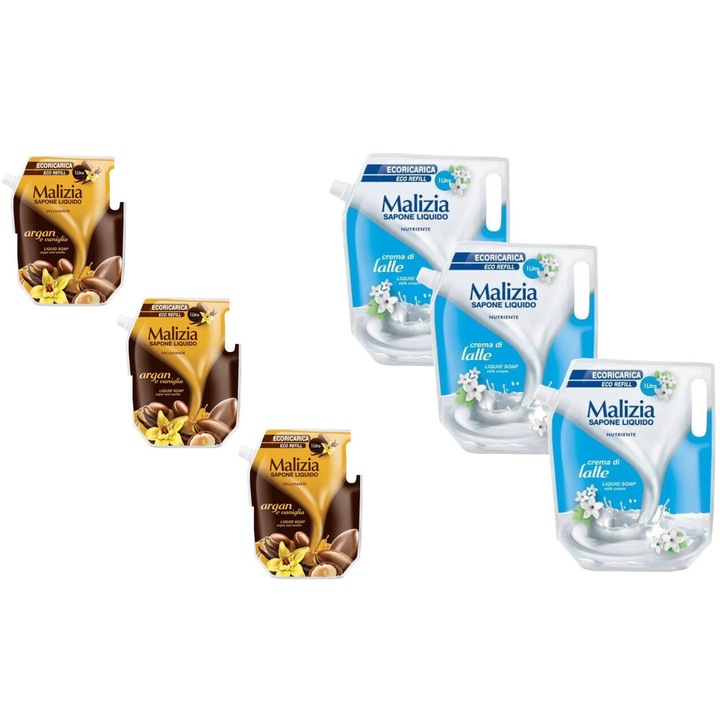 Комплект 6 x Malizia Variety, 3 x Течен сапун Reserve 1l Argan, 3 x Течен сапун Reserve 1l Milk, свеж през целия ден, приятен парфюм, предотвратява раздразненията, интензивен свеж аромат, против бели петна, ободряващ, дълготрайна свежест, 48 часа защита