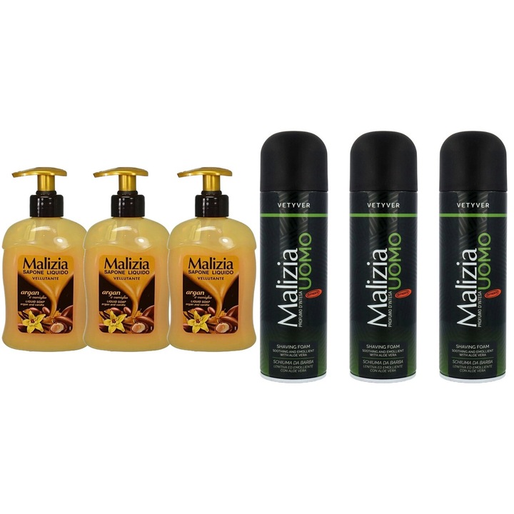 Комплект 6 x Malizia Variety, 3 x течен сапун 300 ml арган и ванилия, 3 x бръсната пяна 300 ml vetyver, предотвратява раздразненията, свеж аромат, против бели петна, ободряващ, дълготрайна свежест, 48 часа защита