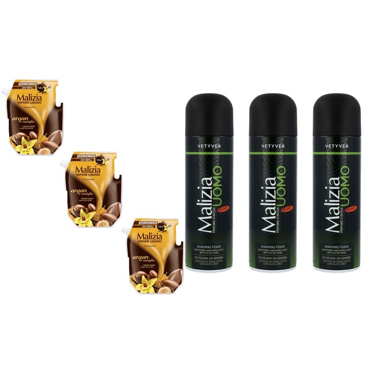 Комплект 6 x Malizia Variety, 3 x Резервен течен сапун 1l Argan, 3 x Shaped Foam 300ml Vetyver, Свеж през целия ден, Приятен парфюм, Предотвратява раздразнения, Интензивен свеж аромат, Анти-бели петна, ободряващ, дълготрайна свежест, 48 часа защита