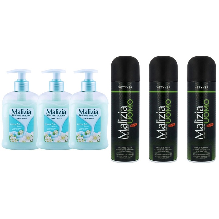 Комплект 6 x Malizia Variety, 3 x Течен сапун 300 ml Muschio Bianco, 3 x Shaved Foam 300 ml Vetyver, Свеж през целия ден, Приятен парфюм, Предотвратява раздразненията, Интензивен свеж аромат, Анти-бели петна, ободряващ, дълготрайна свежест, 48 часа защита
