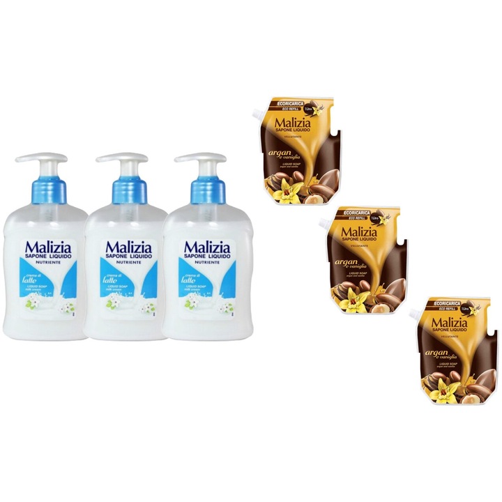 Комплект 6 x Malizia Variety, 3 x Течен сапун 300 ml Latte, 3 x Резервен течен сапун 1 l Argan, Свеж през целия ден, Приятен парфюм, Предотвратява раздразнения, Интензивен свеж аромат, Анти-бели петна, ободряващ, дълготрайна свежест, 48 часа защита