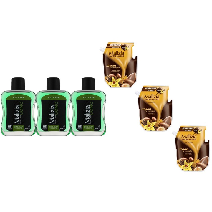 Комплект 6 x Malizia Variety, 3 x After Shave 100ml Vetyver, 3 x Течен сапун Reserve 1l Argan, Свеж през целия ден, Приятен парфюм, Предотвратява раздразнения, Интензивен свеж аромат, Анти-бели петна, ободряващ, дълготрайна свежест, 48 часа защита