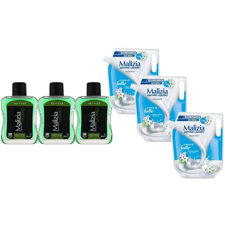 Комплект 6 x Malizia Variety, 3 x After Shave 100ml Vetyver, 3 x Течен сапун Reserve 1l Milk, Свеж през целия ден, Приятен парфюм, Предотвратява раздразненията, Интензивен свеж аромат, Анти-бели петна, ободряващ, дълготрайна свежест, 48 часа защита