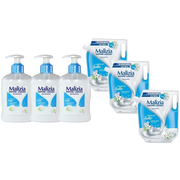 Комплект 6 x Malizia Variety, 3 x Течен сапун 300 ml Latte, 3 x Течен сапун Reserve 1l Milk, Свеж през целия ден, Приятен парфюм, Предотвратява раздразненията, Интензивен свеж аромат, Анти-бели петна, ободряващ, дълготрайна свежест, 48 часа защита