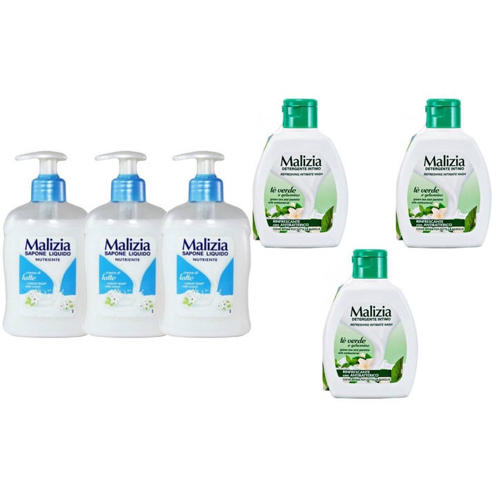 Комплект 6 x Malizia Variety, 3 x Течен сапун 300 ml Latte, 3 x Течен интимен сапун 200 ml Green Tea, Свеж през целия ден, Приятен парфюм, Предотвратява раздразнения, Интензивен свеж аромат, Анти-бели петна, ободряващ, дълготрайна свежест, 48 часа защита