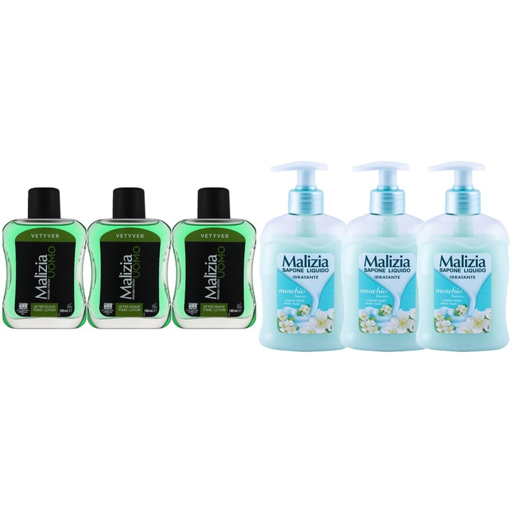Комплект 6 броя Malizia Variety, 3 x афтършейв 100 ml Vetyver, 3 x течен сапун 300 ml Muschio Bianco, цял ден свеж, приятен парфюм, предотвратява раздразнения, интензивен свеж аромат, против бели петна, ободряващ, дълготрайна свежест, 48 часа защита
