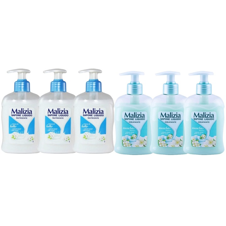 Комплект 6 x Malizia Variety, 3 x течен сапун 300 ml лате, 3 x течен сапун 300 ml Muschio Bianco, свеж през целия ден, приятен парфюм, предотвратява раздразненията, интензивен свеж аромат, против бели петна, ободряващ, дълготрайна свежест, 48 часа защита