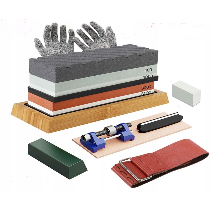 Set profesional de ascutitoare cu pietre pentru cutite 400/1000 3000/8000, manusi de protectie, 26cm, culoare: gri