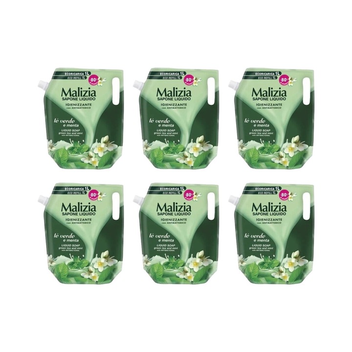 Комплект 6 x Malizia Liquid Soap Reserve 1l антибактериален зелен чай, свеж през целия ден, интензивен свеж аромат, против бели петна, ободряващ, дълготрайна свежест, 48 часа защита
