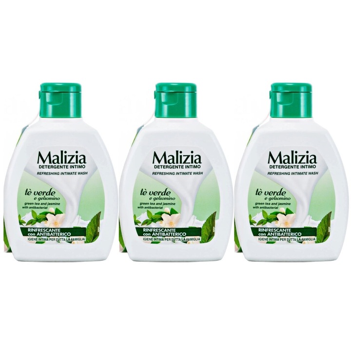 Комплект от 3 бр. Malizia Intimate Liquid Soap 200 ml Green Tea, свеж през целия ден, интензивен свеж аромат, против бели петна, ободряващ, дълготрайна свежест, 48 часа защита