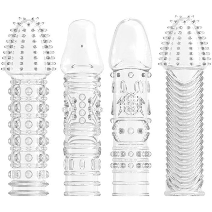 Комплект от 4 презерватива VPUINEFE, за многократна употреба, прозрачен, оребрен, първокласен силикон, с ефект на удължаване, стимулация на клитора, лесен за носене и използване