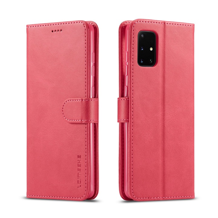 Капак за Samsung Galaxy A71, CaseMe, кожа, тип портфейл, магнитно закопчаване, стойка, мека опора в цвета на капака, розов