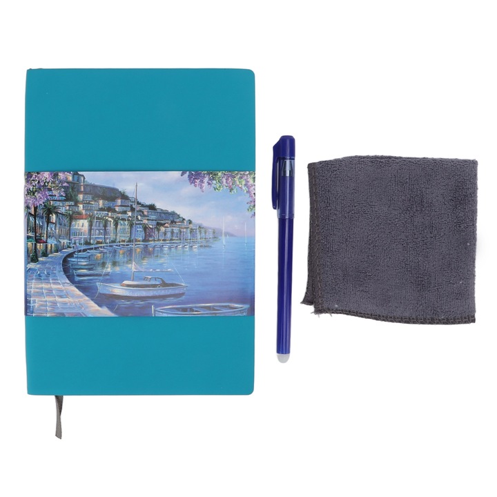 Enforose A5 újrahasználható füzet, 7 oldalas stílus, vízálló, kék, törölhető tollal és mikroszálas kendővel készlet