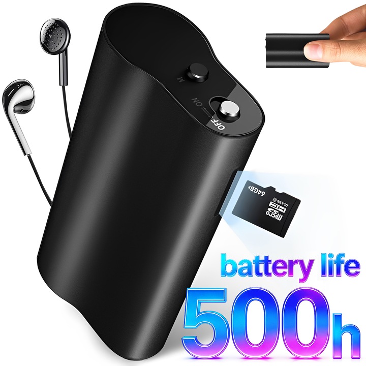 Mini Reportofon Spion, BYONDSELF®, 16GB+64GB, Autonomie 500 Ore, Fixare Magnetica, Activare Vocala, Inregistrare in Bucla, cu Casti