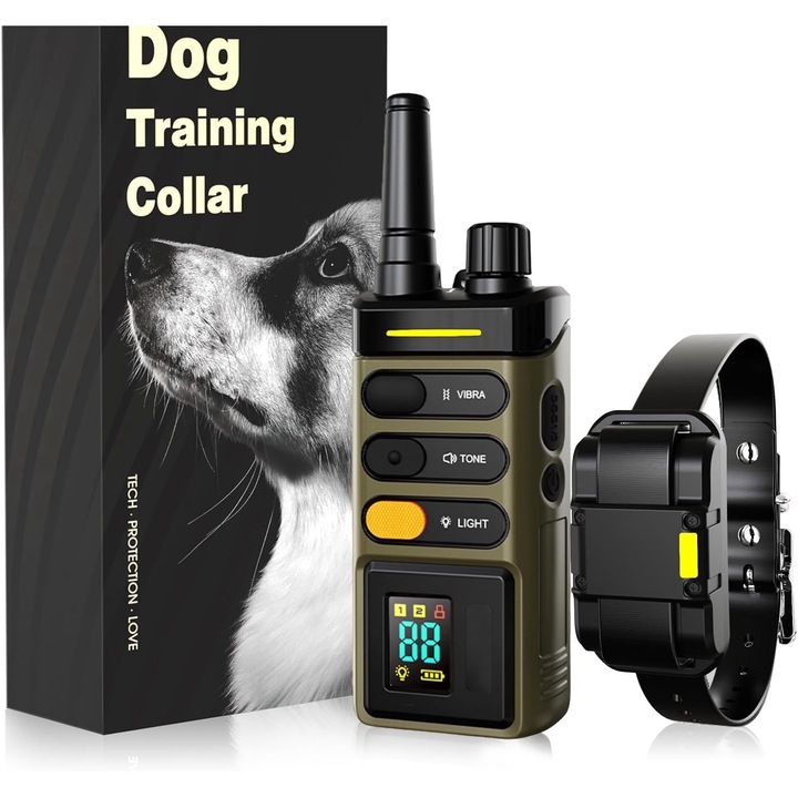 Zgarda Electrica Pentru Dresaj Caini cu Telecomanda, BYONDSELF®, Raza 1600m, Avertizare Sonora, Vibratii, Puls Electric la Nivel 100 si Soc Continuu, Lumina Intermitenta, Lesa Reglabila, Rezistenta la Apa si Praf, Reincarcabila