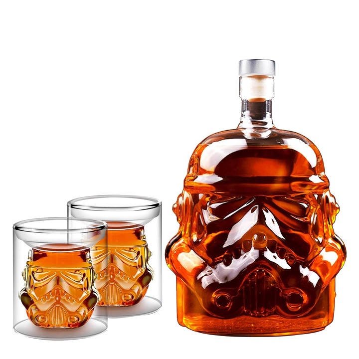 Комплект гарафи Star Wars, Гарафа за уиски, SINBINTA, С 2 чаши 150 мл, Елегантно ръчно изработено стъкло, Предотвратява миризми, Добро уплътнение, За годежи, годишнини от сватби, кръщенета, Стъкло, 114x167 мм, Прозрачно