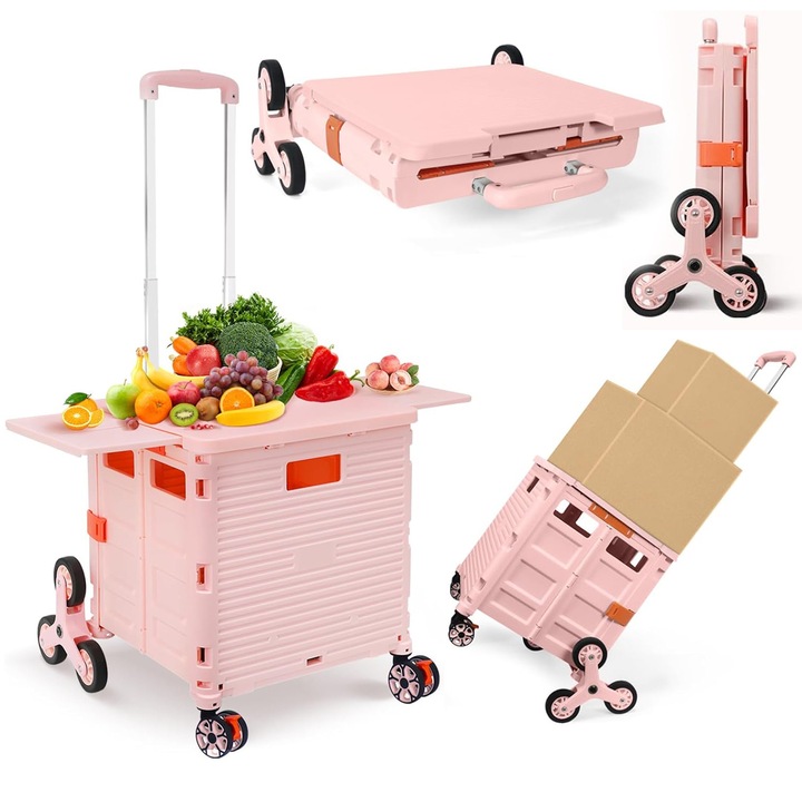 Camping picnic carucior utilitar pliabil, cu roti pentru urcat scari, 65 L, cu maner telescopic, capacitate mare, din plastic durabil, usor de transportat, Perfect pentru familie, birou, afaceri, cumparaturi, calatorii, drumetii, camping, picnic, roz