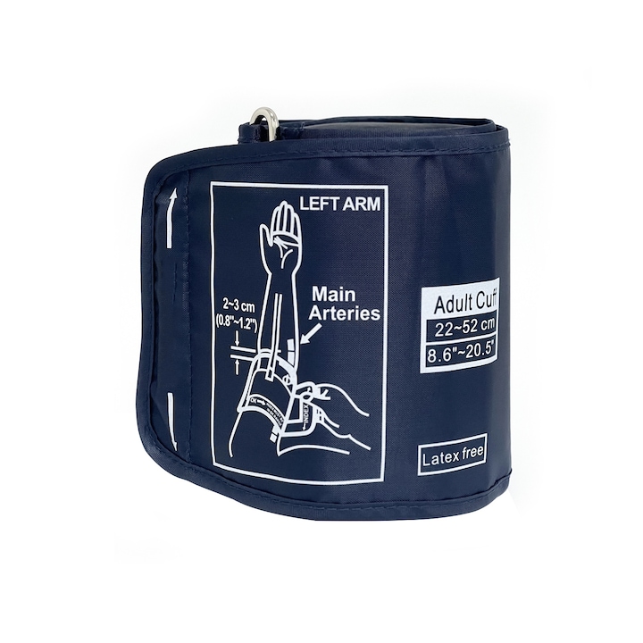 Manseta pentru tensiometru de brat, SINBINTA, model universal, Reglabila, Design ergonomic, Reutilizabile, Rezistenta de lunga durata, Usor de utilizat si de depozitat, Pentru brat 22-52cm, Nailon, 52x15cm, Albastru