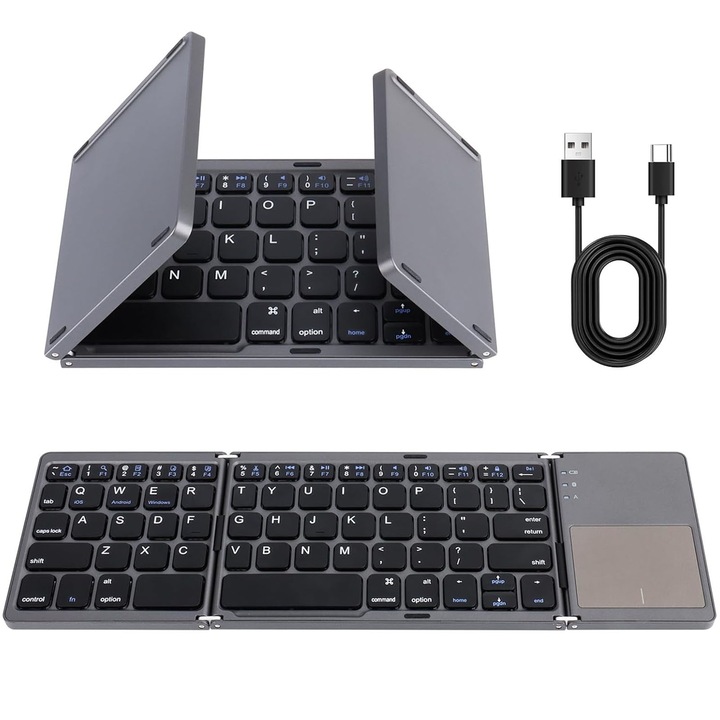 Tri-folding összecsukható billentyűzet, Axroad Mall, Összecsukható Bluetooth billentyűzet touchpaddal, Újratölthető Li-ion akkumulátorral, Vezeték nélküli és Bluetooth kapcsolat, 2 kattintás, Kompatibilis Android, Windows, PC, tablet, iOS, ABS, szürke
