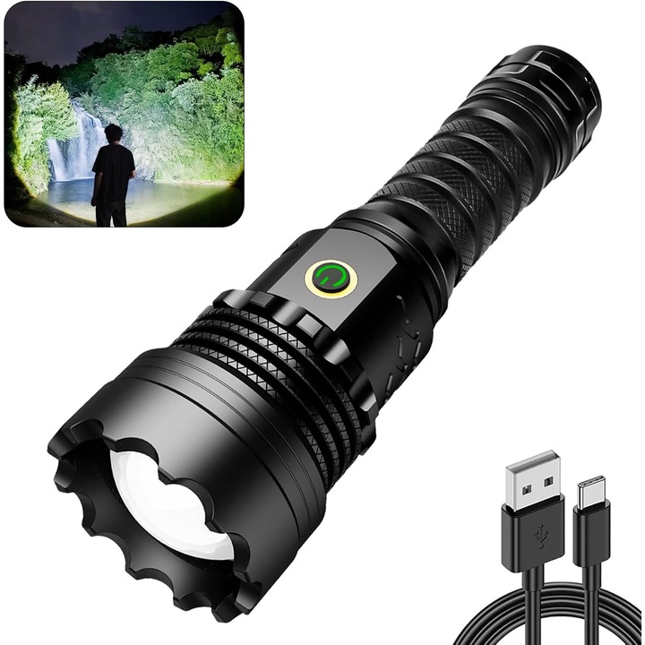 Акумулаторен фенер 20000 лумена, 6 режима, водоустойчив, 4800mAh, черен