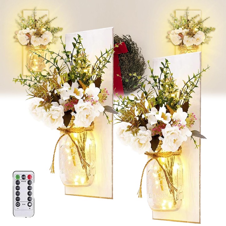 Set 2 lampa LED ambientala, Lampa decorativa, flori albe, remote control, design handmade, pentru dormitor, living sau sufragerie, alb
