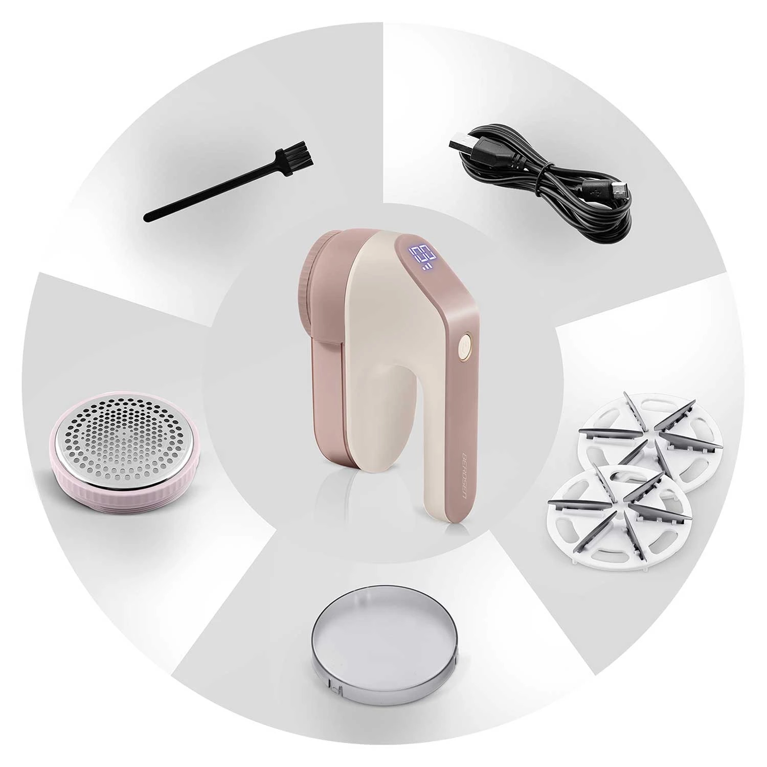 Aparat de curatat scame electric, lame din otel inoxidabil, ecran LCD, 3 niveluri de intensitate a puterii, recipient mare de 120 ml, baterie 2000 mAh, roz si alb