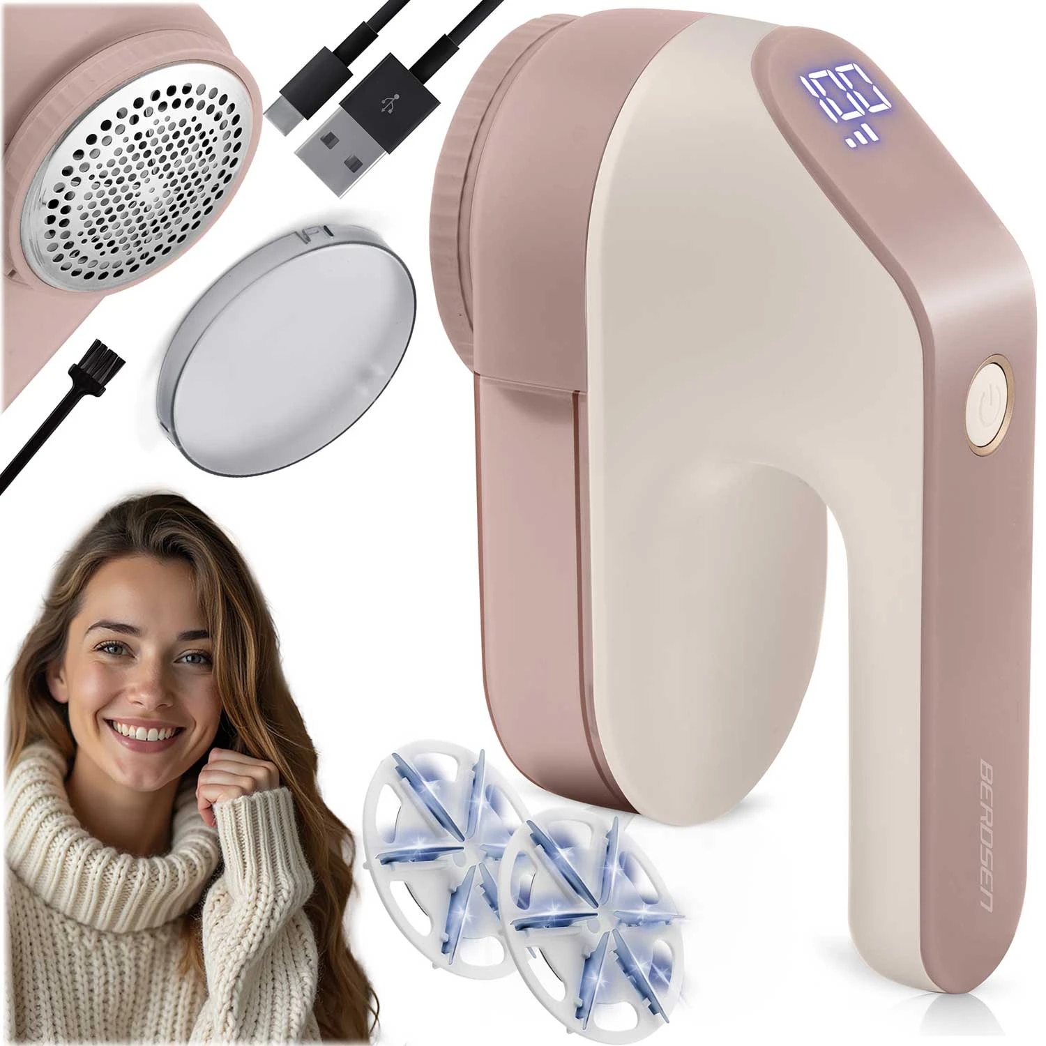 Aparat de curatat scame electric, lame din otel inoxidabil, ecran LCD, 3 niveluri de intensitate a puterii, recipient mare de 120 ml, baterie 2000 mAh, roz si alb