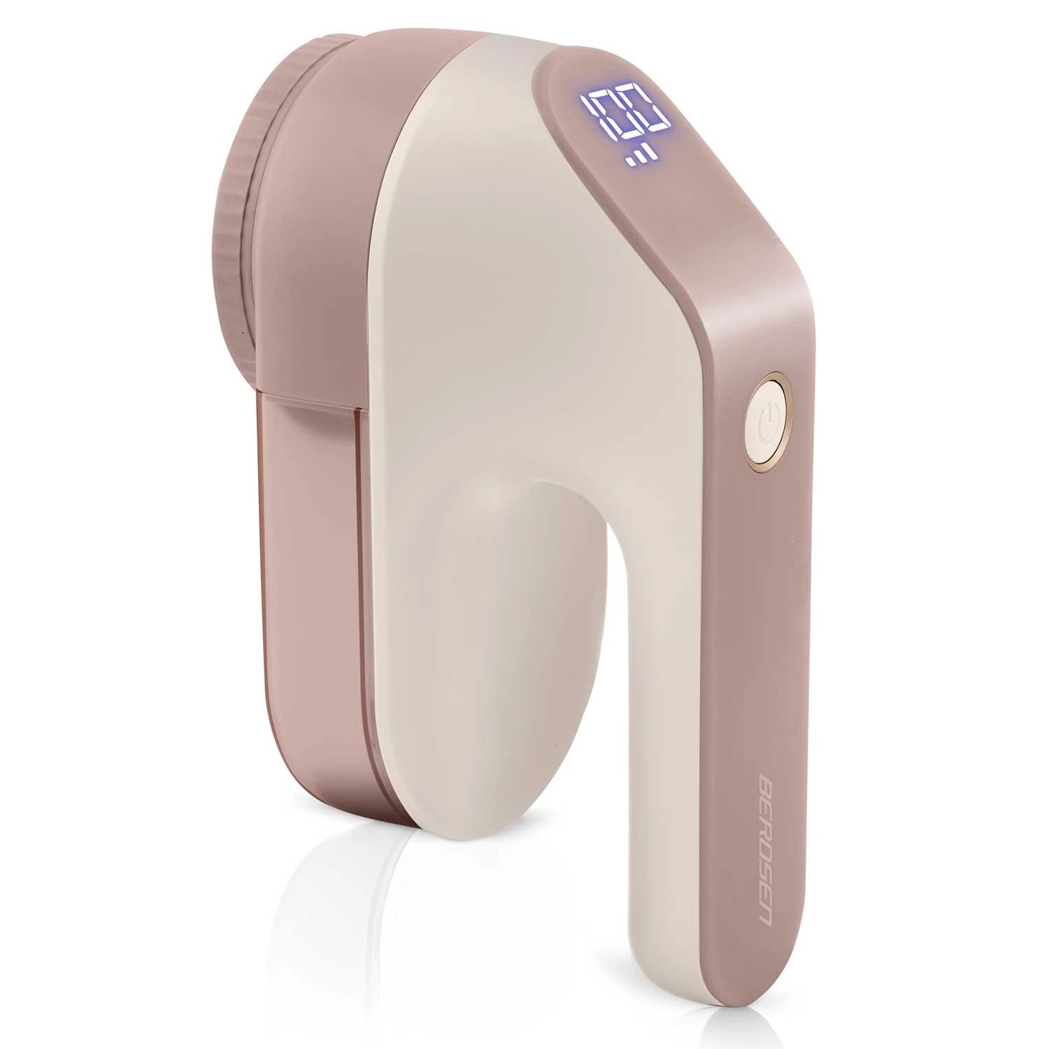 Aparat de curatat scame electric, lame din otel inoxidabil, ecran LCD, 3 niveluri de intensitate a puterii, recipient mare de 120 ml, baterie 2000 mAh, roz si alb